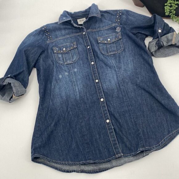 Harley Davidson Tops - Harley Davidson Womens S Pearl Snap Close Studded  Denim Jean Shirt Roll Tab  Bl
